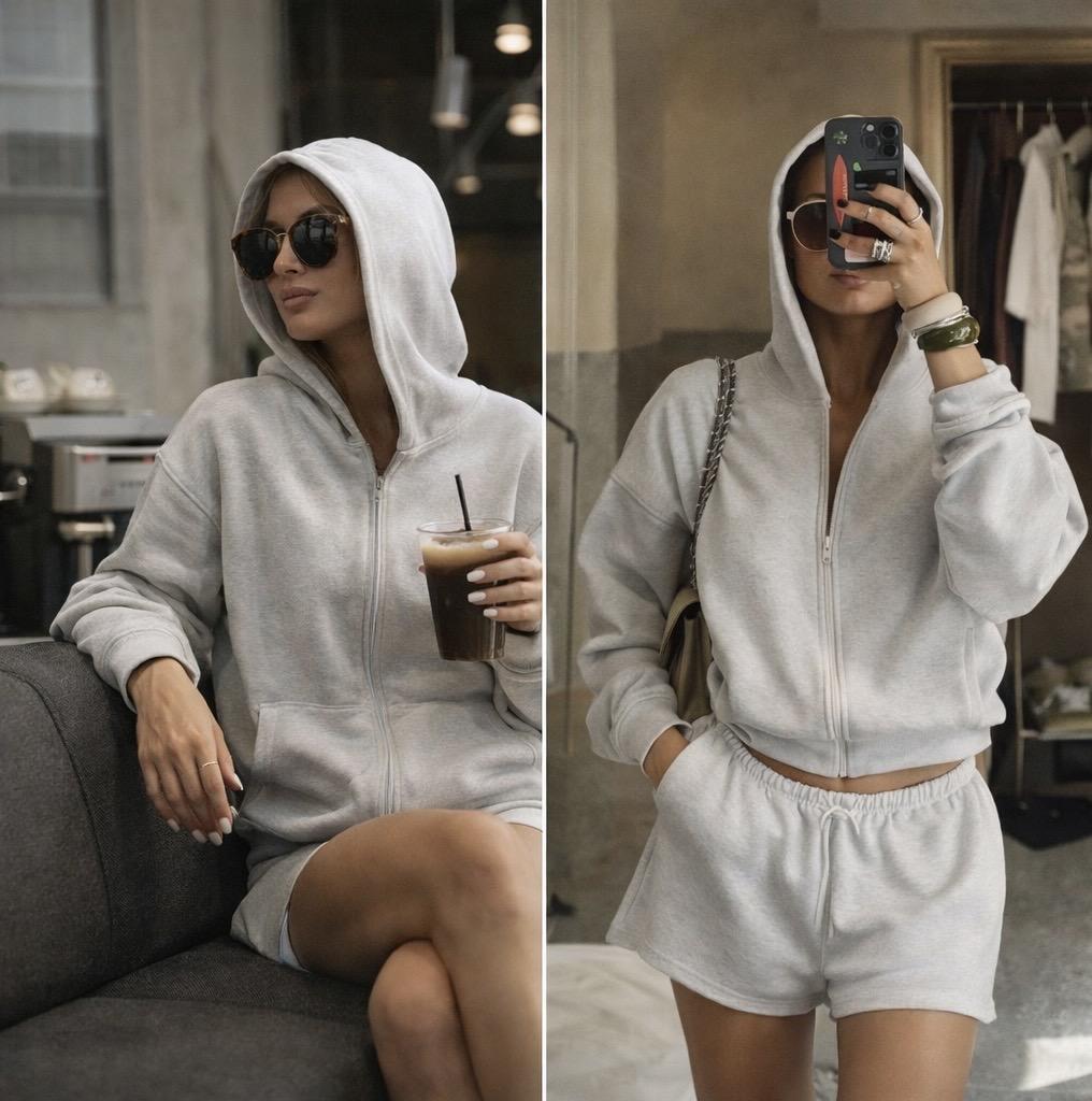 Women’s Grey Hoodie & Shorts Two-Piece Set – Casual Loungewear